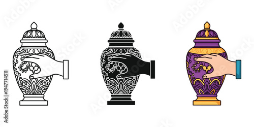 Hands holding ornate urns in various color schemes