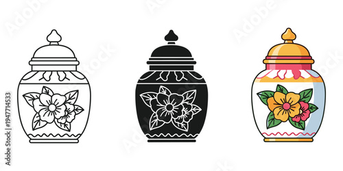 Colorful urn designs with floral patterns on white background
