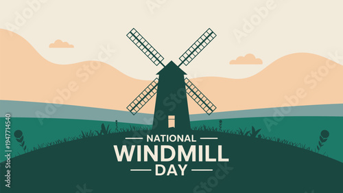 An illustration of a windmill on a hill celebrating National Windmill Day with a serene landscape background