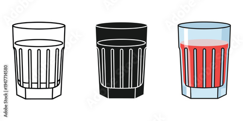 Three glasses with different liquid levels and colors on white background