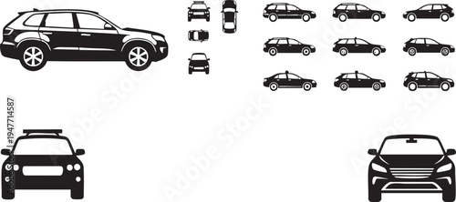 Diverse collection of black car silhouettes and icons for various vehicle models