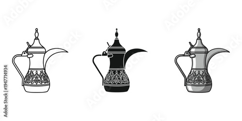 Traditional arabic coffee pots in black and white illustrations