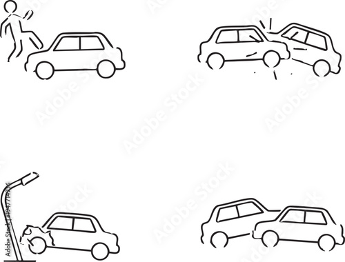 Car Accident Icons Set Depicting Various Road Safety Incidents and Motor Crashes