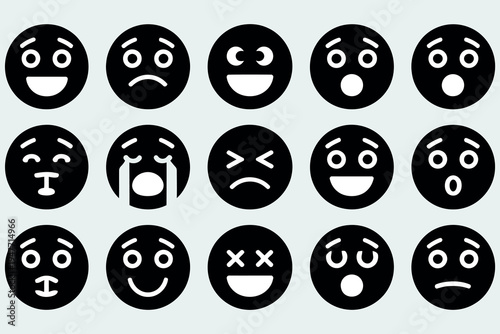 A collection of black and white cartoon face icons displaying various emotions