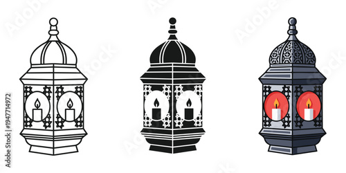 Three lanterns with candles in different stages of illumination
