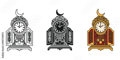 Ornate clock illustrations with crescent moon decoration