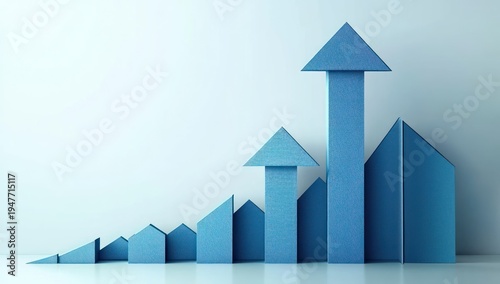 blue textured 3d ascending blocks and arrow-shaped columns on a reflective surface against a soft gradient background, conveying optimistic growth and progress