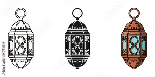 Three ornate lanterns in black white and copper colors