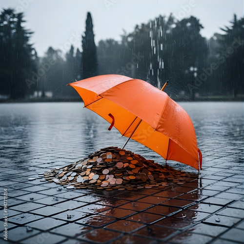 Bright orange umbrella filled with a wealth of gleaming coins during a rainy downpour, illustrating the importance of financial security and safeguarding assets in uncertain weather