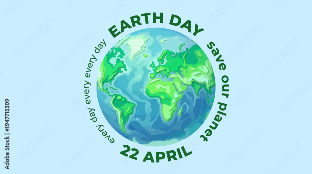 Fototapeta premium Earth Day logo with a vibrant globe encircled by text on a light blue background, promoting environmental awareness and global sustainability