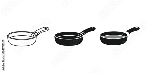 Three frying pans in different line art styles on white background
