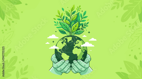 Hands cradle a globe with a sprouting plant, symbolizing global sustainability, environmental stewardship, and green growth.