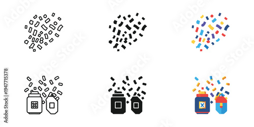 Colorful and monochrome icons of jars with particles