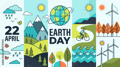 Earth Day celebration on 22 April: mountains, forests, oceans, wind turbines, bicycles, and a globe illustration