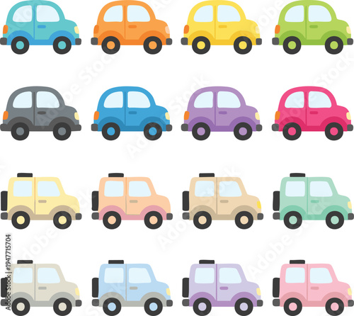 Sixteen colorful flat cartoon vector icons of city cars and suvs for kid games..