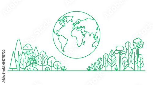 Green line art illustration of Earth hovering above a landscape that blends mountains, trees and a city skyline to symbolize sustainability and harmony between nature and urban life