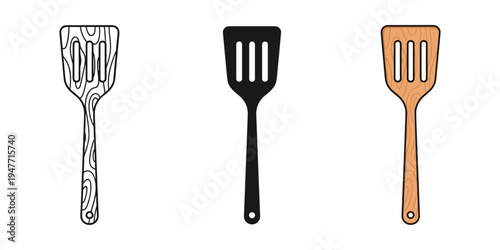 Three different spatulas in black wooden and brown colors for cooking
