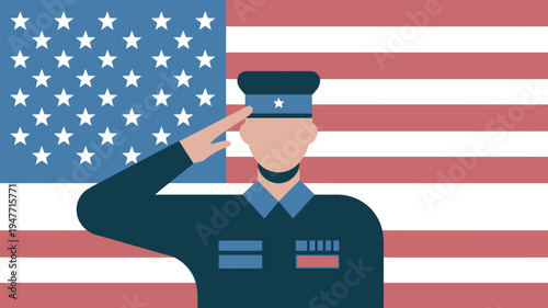 An American soldier saluting in front of the United States flag with a patriotic background