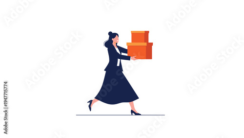 Busy businesswoman in dark suit running quickly while carrying stack of orange storage boxes for office relocation or delivery.