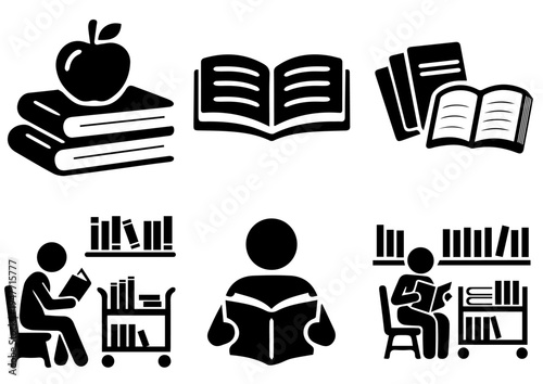 education and reading icon set with books, library, student and apple vector