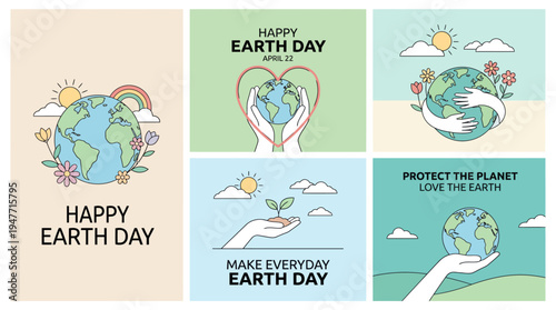 Earth Day collage of illustrated scenes promoting environmental care, tree planting, protecting the planet, and sustainable living