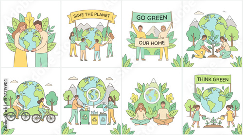 Collage of eco-friendly cartoons promoting sustainability, green living, and planet protection with slogans like Save the Planet, Think Green, and Go Green