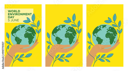 World Environment Day poster design featuring a hand holding the Earth with leafy accents on a bright yellow background