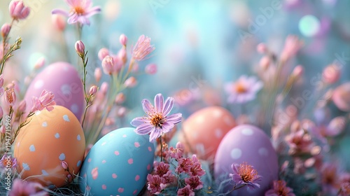 Premium Easter wallpaper with glowing pastel eggs, spring flowers, dreamy bokeh background, ultra detailed bright vibrant colors