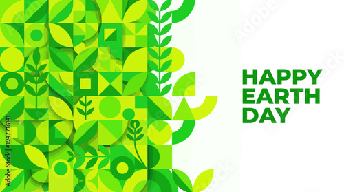 Vibrant green Earth Day illustration with geometric leaves and the Happy Earth Day message, ideal for eco campaigns and nature celebration.