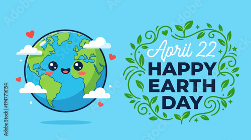 Earth Day Celebration: Happy April 22 featuring vibrant globe and leafy eco-themed artwork for sustainable living and environmental awareness.