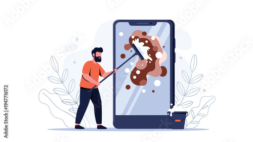 Bearded man cleaning large smartphone screen with squeegee and soap bubbles to remove dirt and optimize mobile device performance.