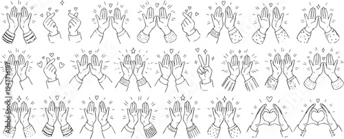 Hand-drawn illustrations showing many gestures including high fives and hearts..
