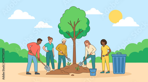 Community volunteers plant trees together in a park, creating a greener, sustainable outdoor space