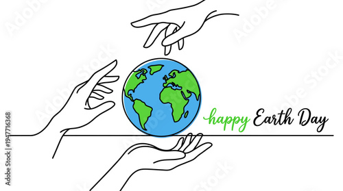 Earth Day concept: hands cradle a globe with Happy Earth Day text, symbolizing environmental care and global unity