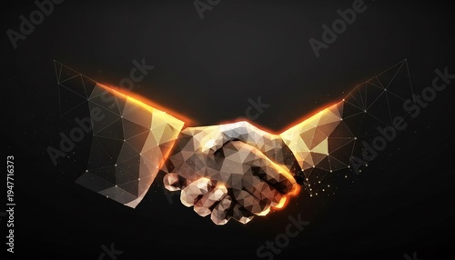 A polygonal handshake with glowing orange lines on a dark background represents a modern business partnership