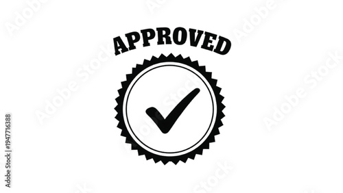Black and white approved stamp with checkmark and text 1