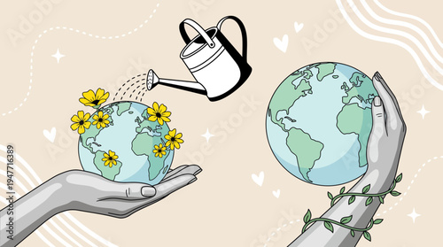 Hand holding a flowering seedling offering growth and care for a greener planet, symbolizing global sustainability and environmental protection.