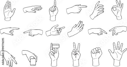Collection of various human hand gestures in a simple line art drawing style set