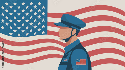 An American police officer stands proudly in front of a waving United States flag, symbolizing patriotism and law enforcement.