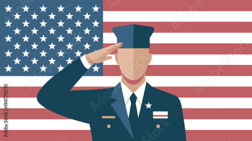An American military officer salutes in front of a large United States flag, symbolizing patriotism and respect.