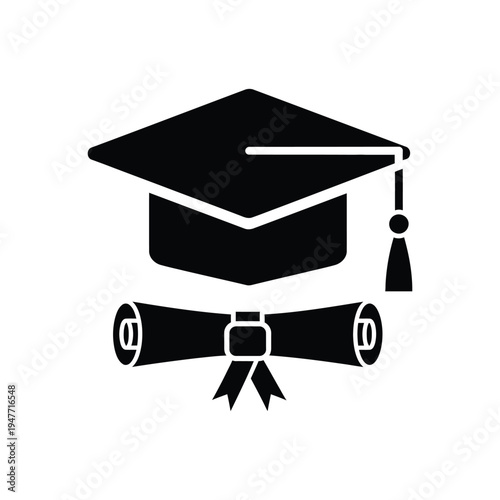 Graduation ceremony with a mortarboard and diploma scroll on display indoors