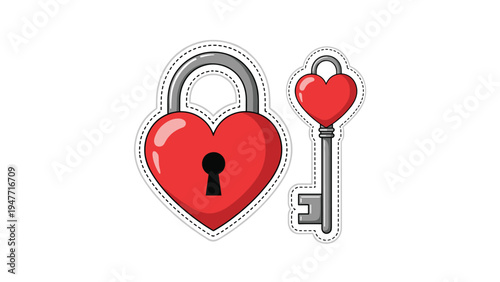 Decorative heart shaped padlock and matching key stickers with dotted outlines symbolizing security, love, and unlocking secret feelings.