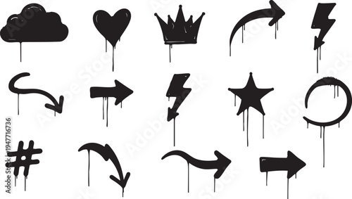 Set of Various Black Graffiti Spray Paint Symbols with Heart Crown and Arrow Tag