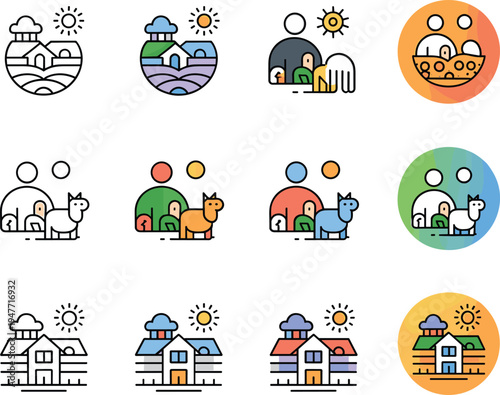 Farm life icon set with house farmer animals landscape, agriculture rural lifestyle vector icons collection line color design