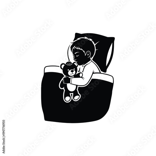 Child sleeping peacefully in bed with teddy bear.