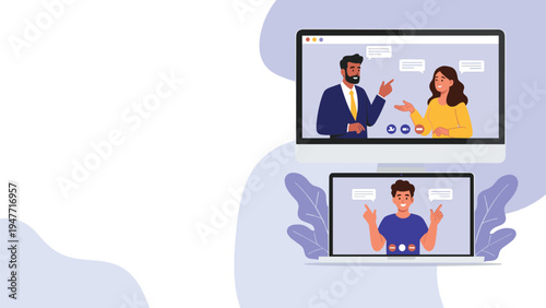 Remote team collaboration using video conference technology displayed on desktop computer and laptop with various participants talking.