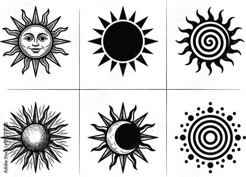 A collection of black and white vector sun icons featuring nature and summer elements like flowers and stars in a clean weather symbol set for sunlight and heat design