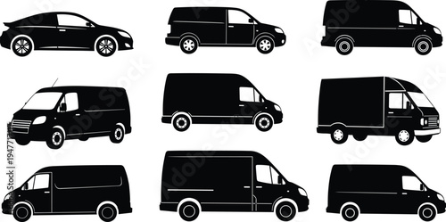 Collection of nine black vehicle silhouettes including sedan and multiple van types in grid layout, transportation icons for automotive design, logistics, delivery, and fleet illustration