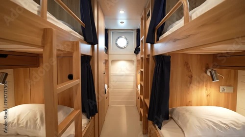 Clean compact bunk beds in a modern boat cabin
