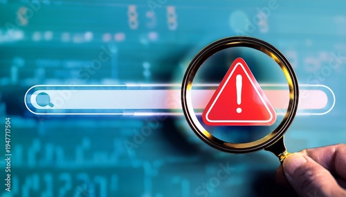 magnifying glass with warning sign on progress bar find problem stop or malfunction detecting issues troubleshooting errors identifying malfunctions stopping critical problems in processes